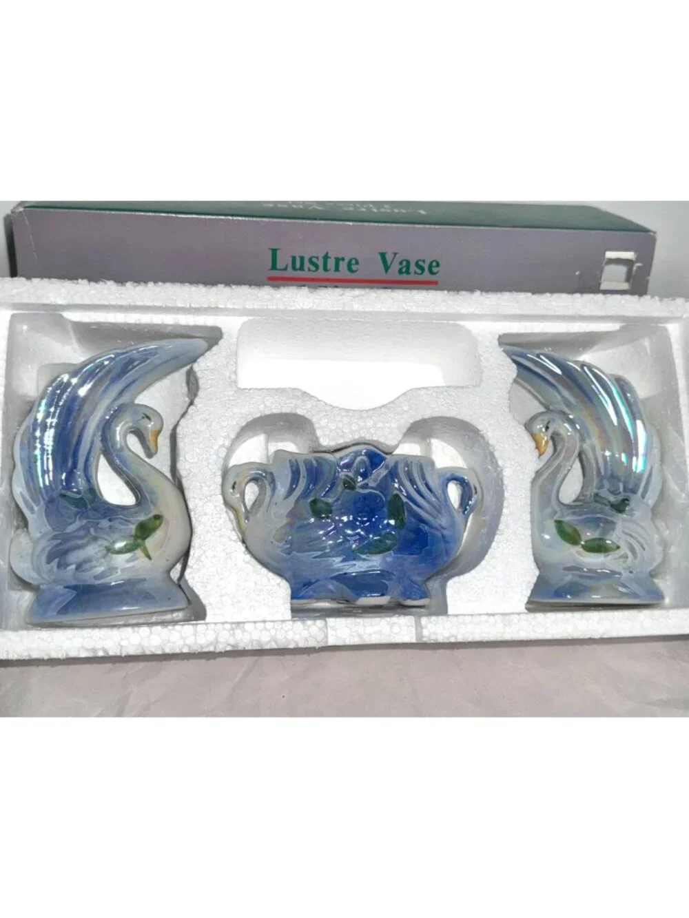 Lustre Vase 3-Piece Set Ceramic Swan Design Iridescent Finish Floral Detailing